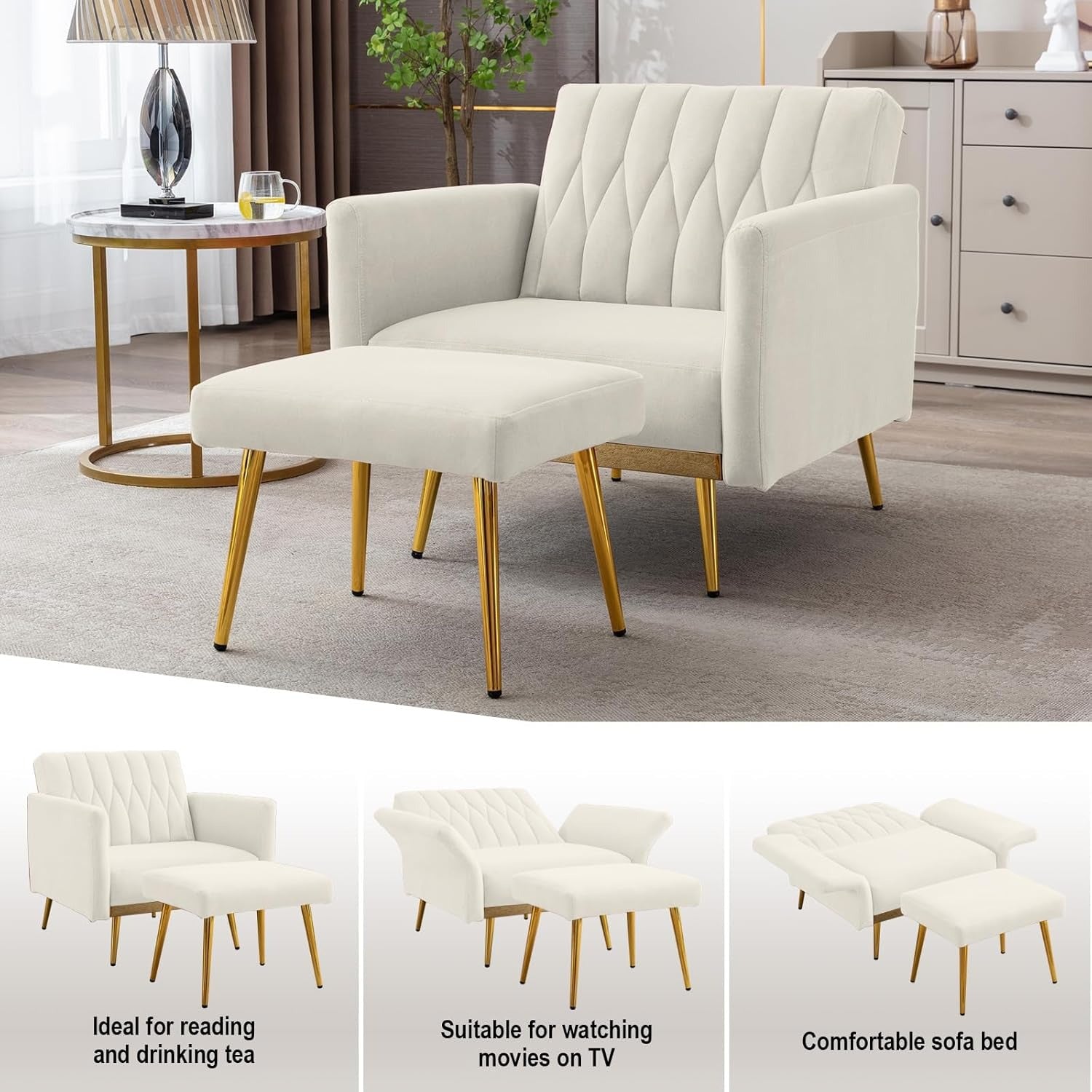 White Convertible Sofa Lounge Chair with Ottoman