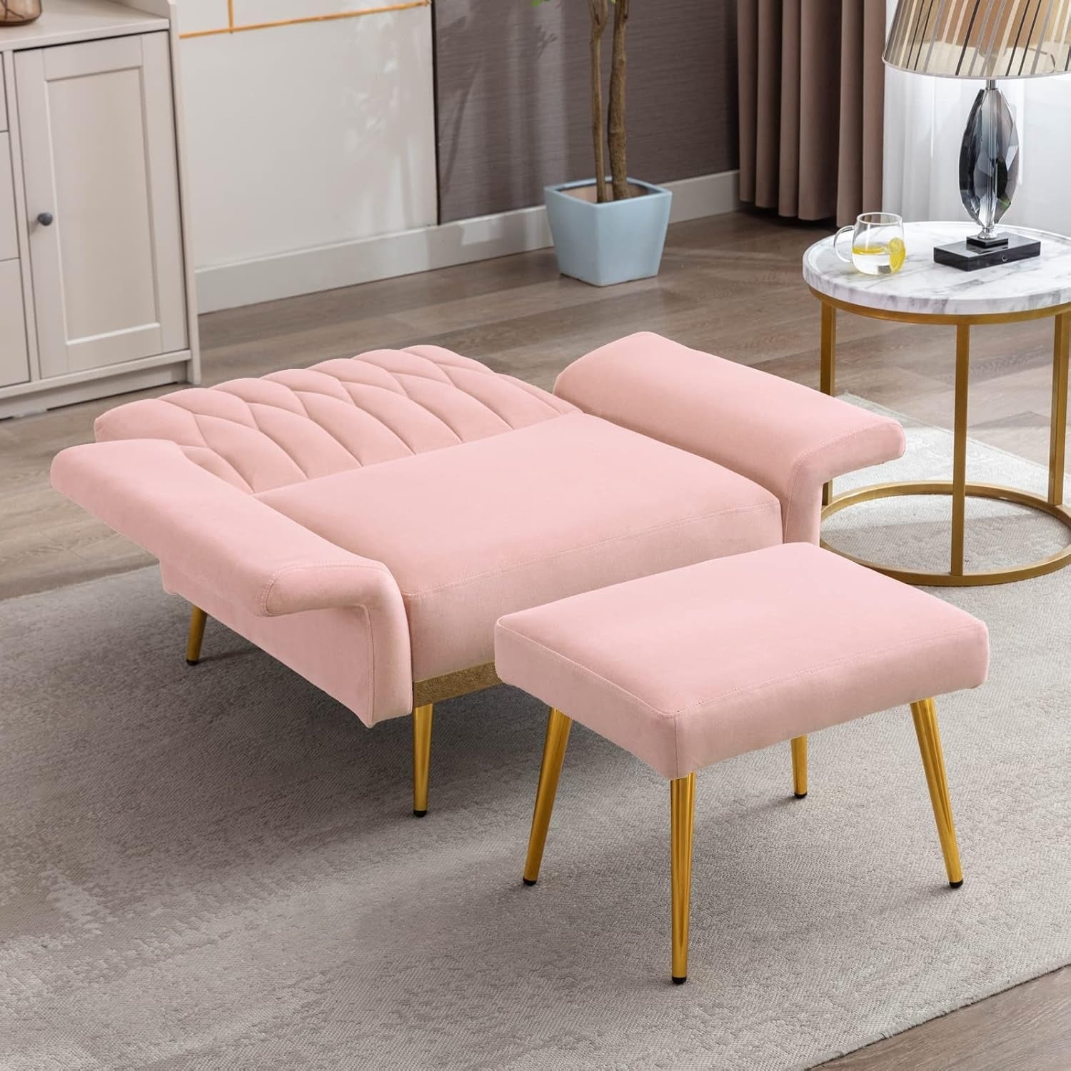 Pink Convertible Sofa Lounge Chair with Ottoman