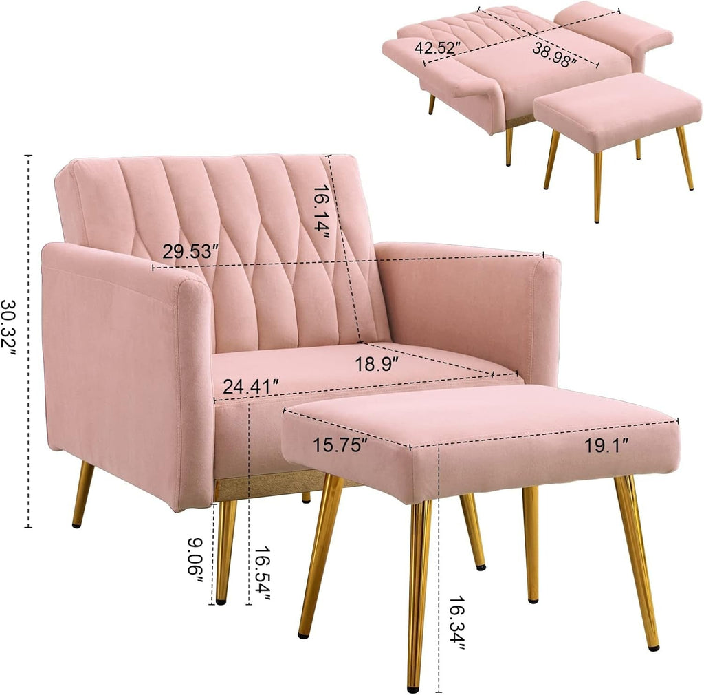 Pink Convertible Sofa Lounge Chair with Ottoman