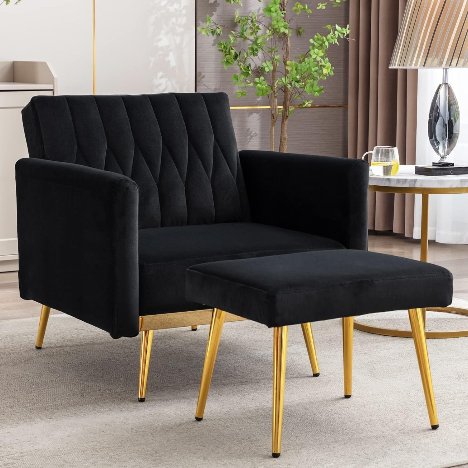 Black Convertible Sofa Lounge Chair with Ottoman