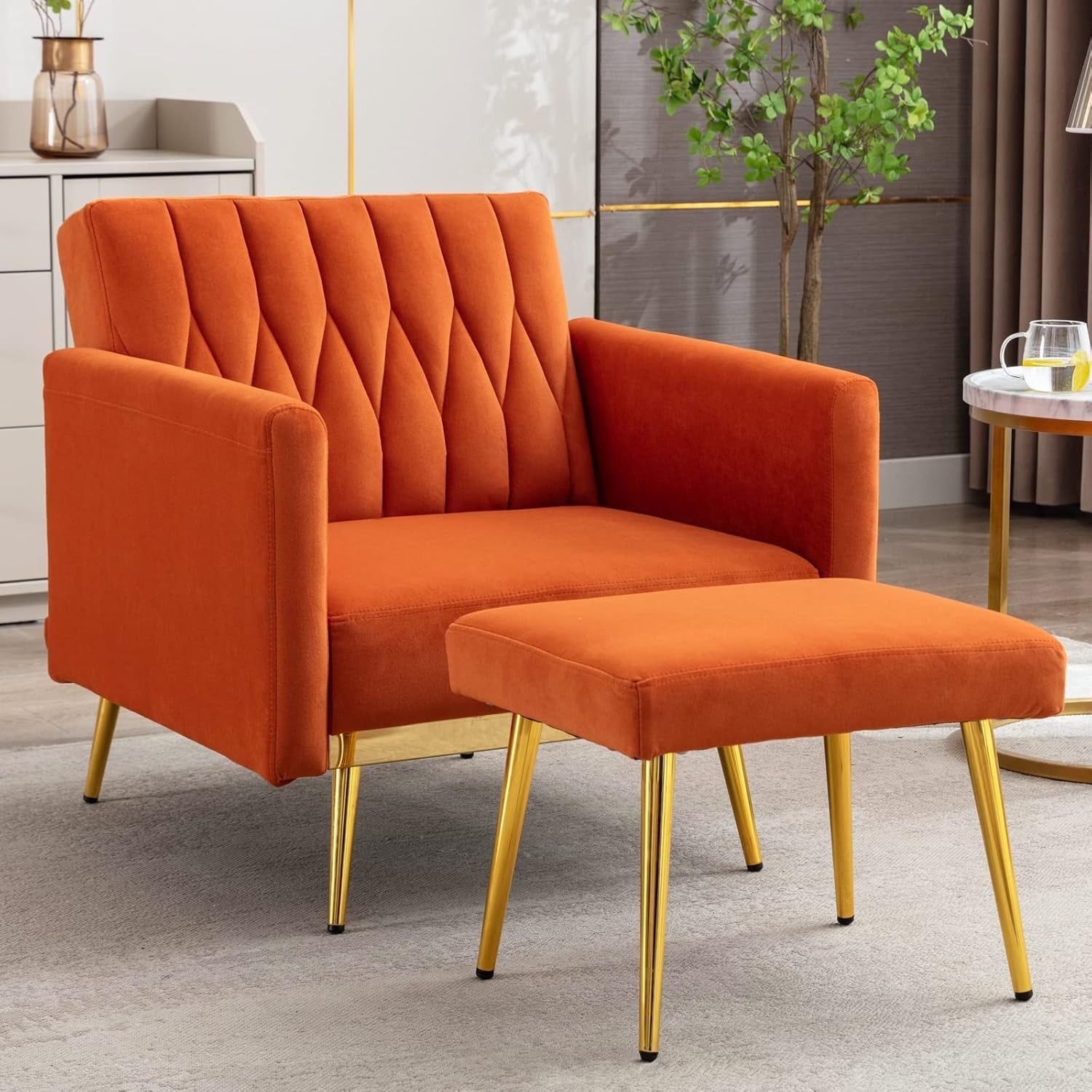 Orange Convertible Sofa Lounge Chair with Ottoman