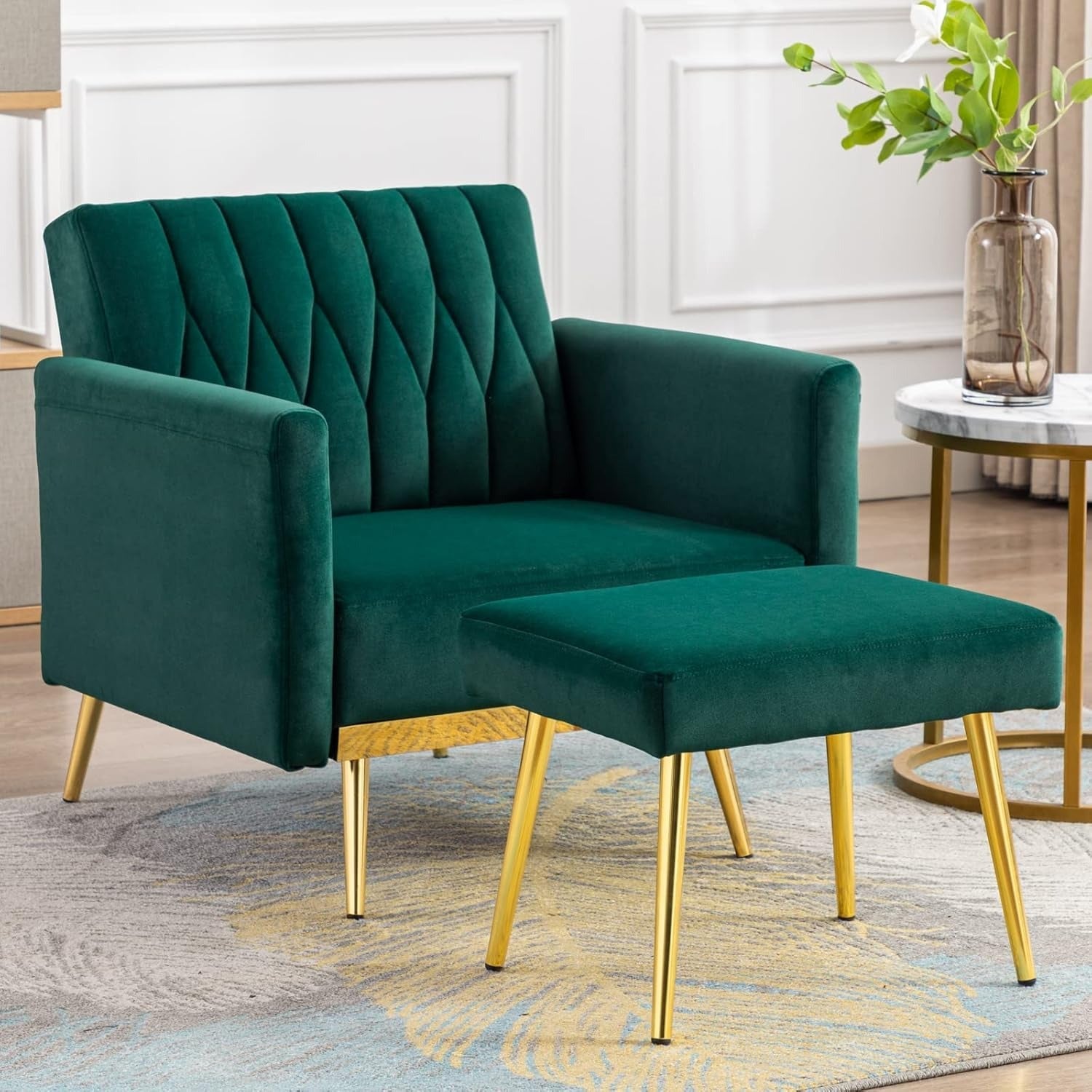 Green Convertible Sofa Lounge Chair with Ottoman