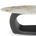 Modern Oval Marble Center Table Featuring Artistic Black Curved Base Design