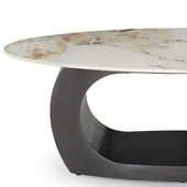 Modern Oval Marble Center Table Featuring Artistic Black Curved Base Design