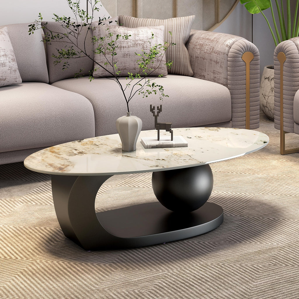 Modern Oval Marble Center Table Featuring Artistic Black Curved Base Design