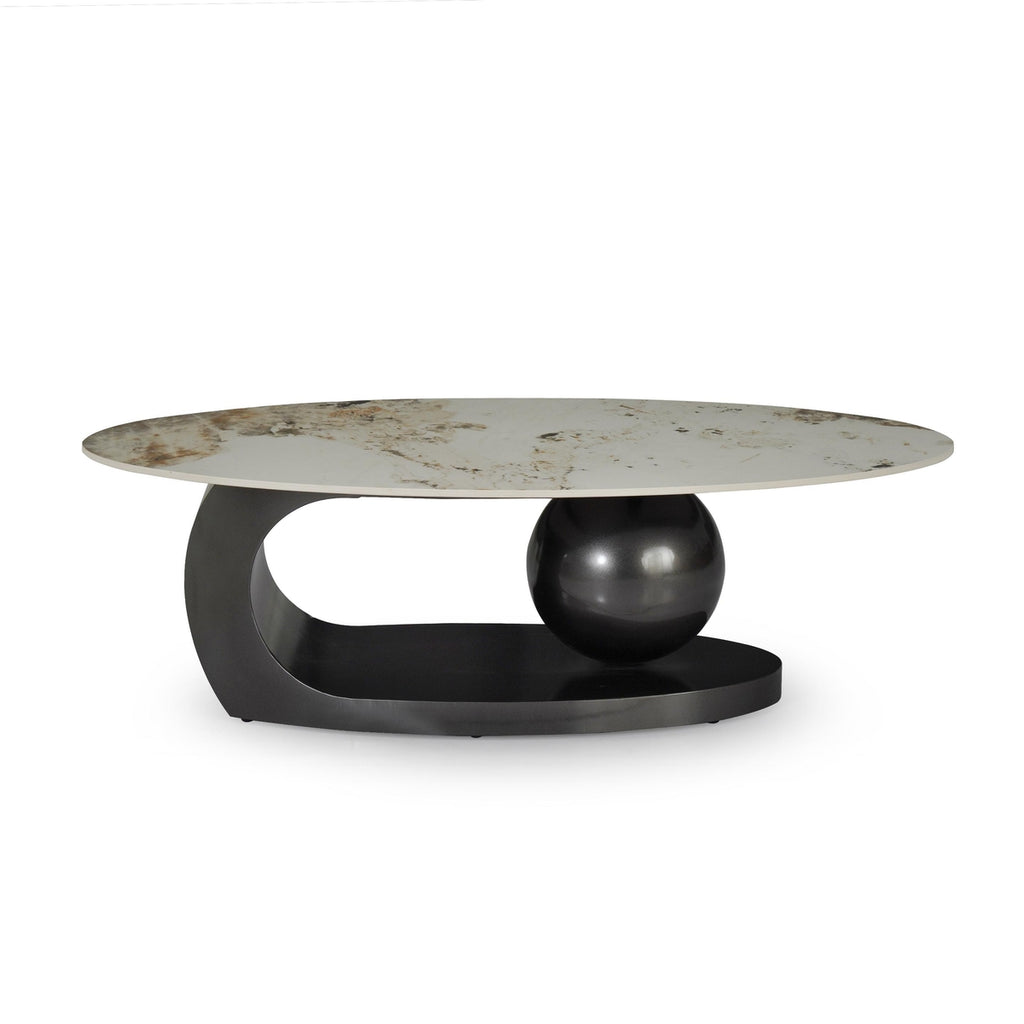 Modern Oval Marble Center Table Featuring Artistic Black Curved Base Design