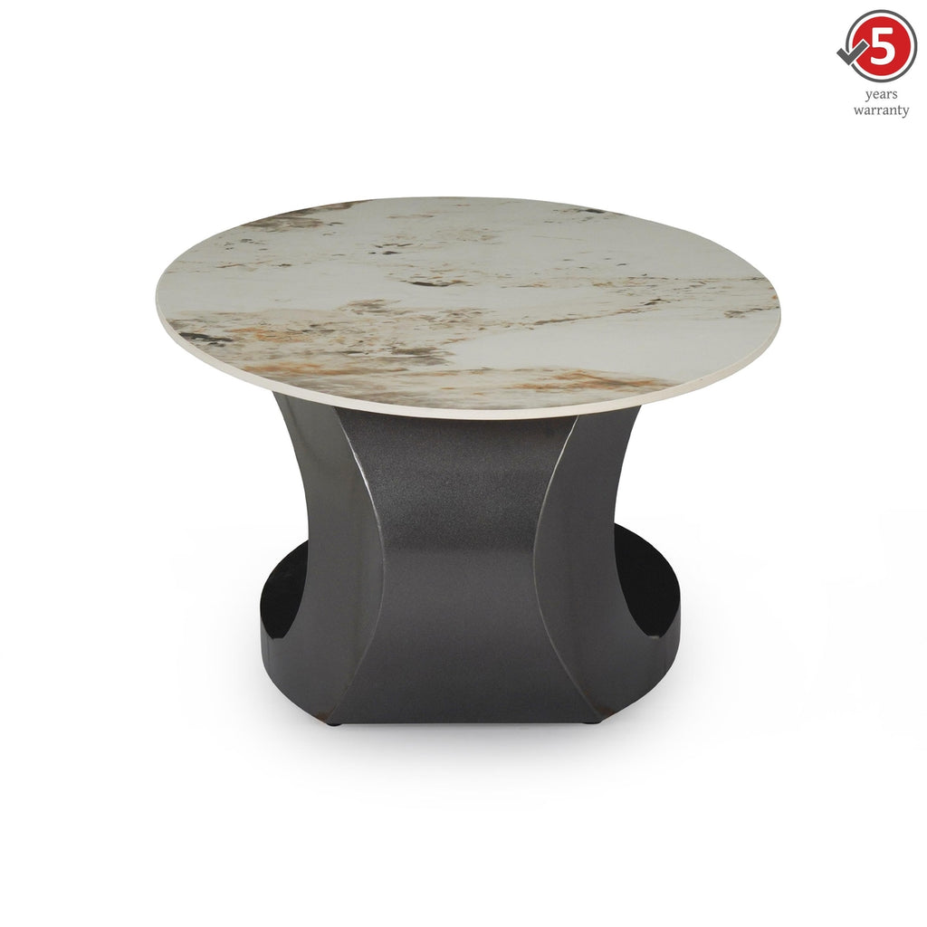 Modern Oval Marble Center Table Featuring Artistic Black Curved Base Design