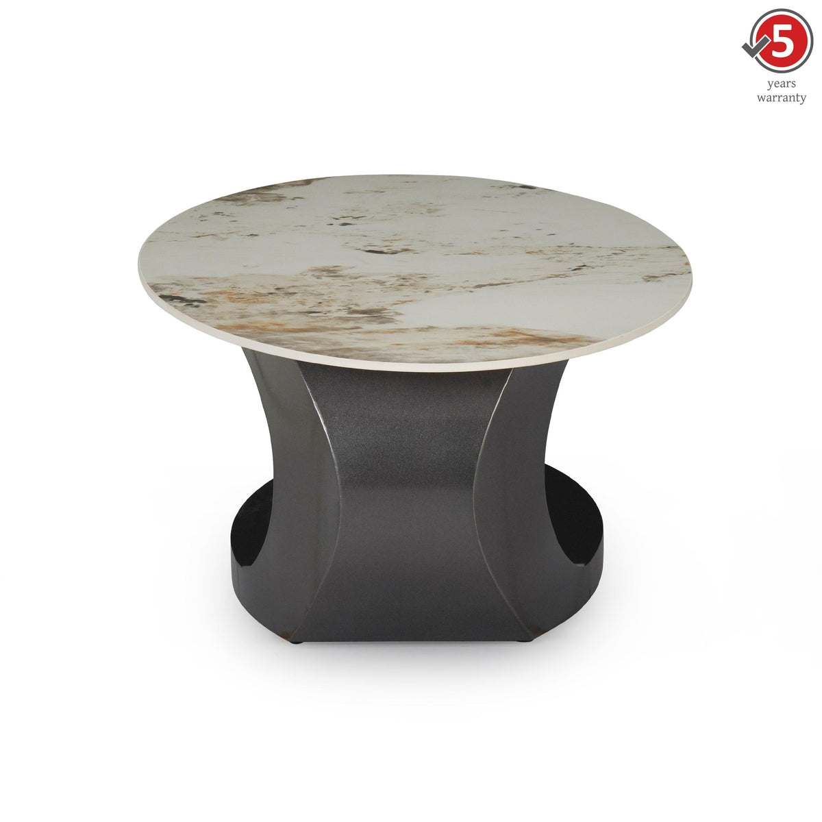Modern Oval Marble Center Table Featuring Artistic Black Curved Base Design