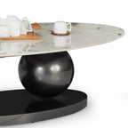 Modern Oval Marble Center Table Featuring Artistic Black Curved Base Design