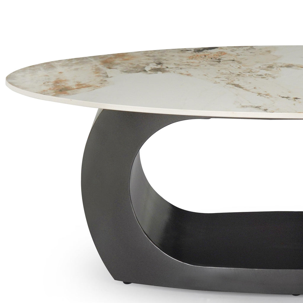 Modern Oval Marble Center Table Featuring Artistic Black Curved Base Design