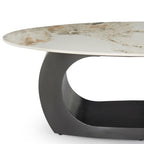Modern Oval Marble Center Table Featuring Artistic Black Curved Base Design