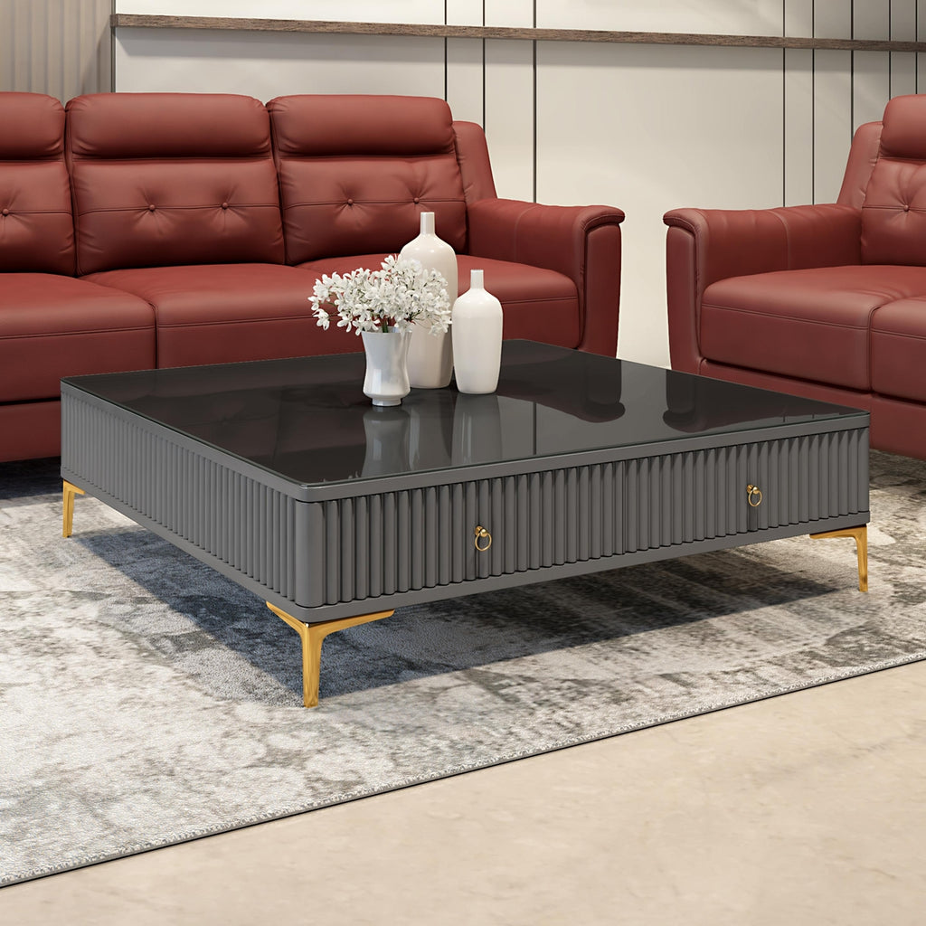 Designer Charcoal Grey Center Table with Textured Front and Sleek Gold Accents