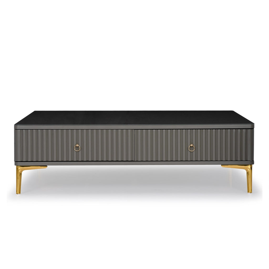 Designer Charcoal Grey Center Table with Textured Front and Sleek Gold Accents