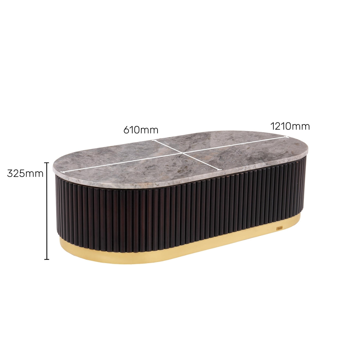 Modern Oval Marble Center Table Designed with Textured Black Base and Gold Trim
