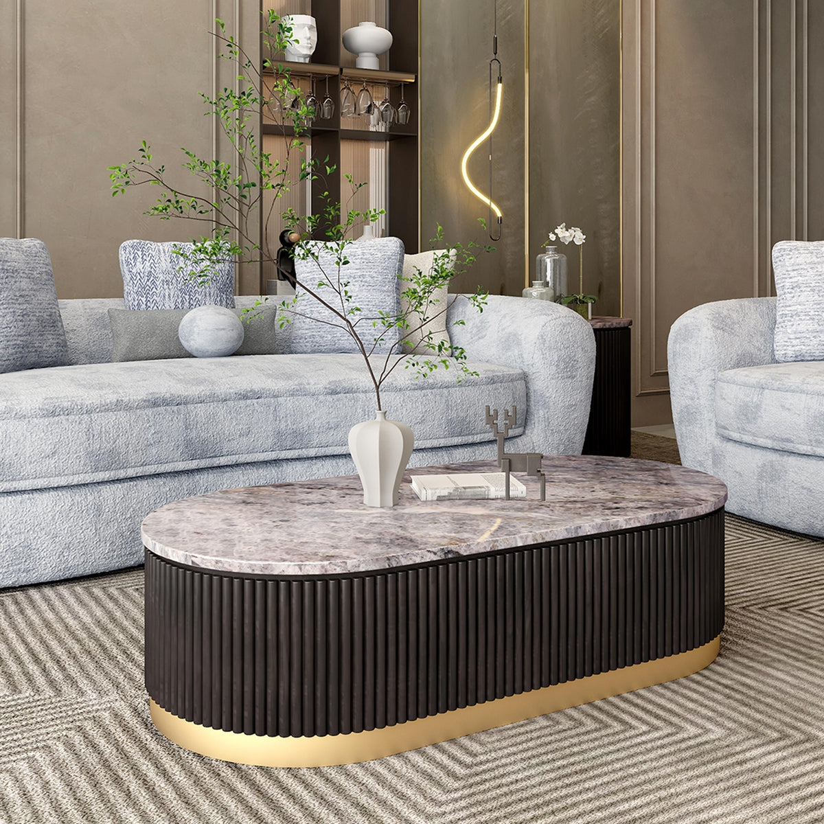 Modern Oval Marble Center Table Designed with Textured Black Base and Gold Trim