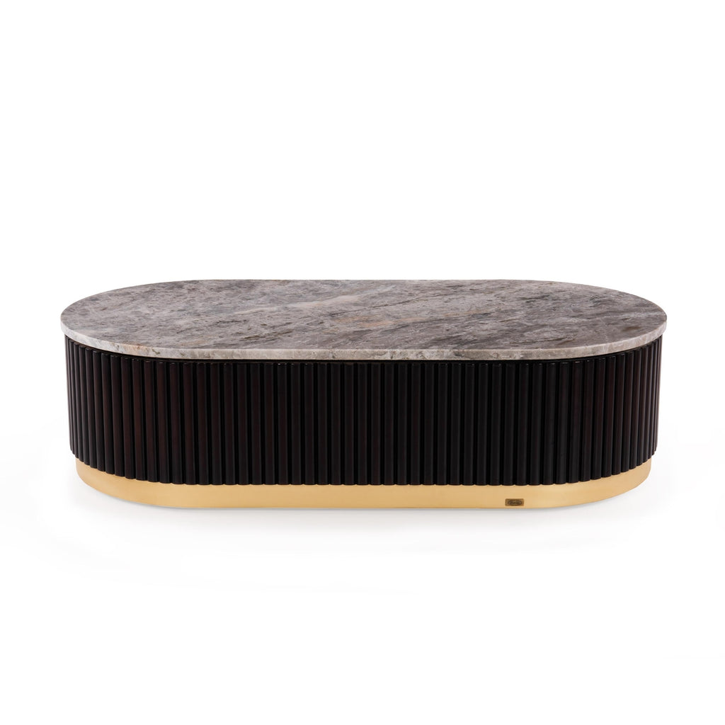 Modern Oval Marble Center Table Designed with Textured Black Base and Gold Trim