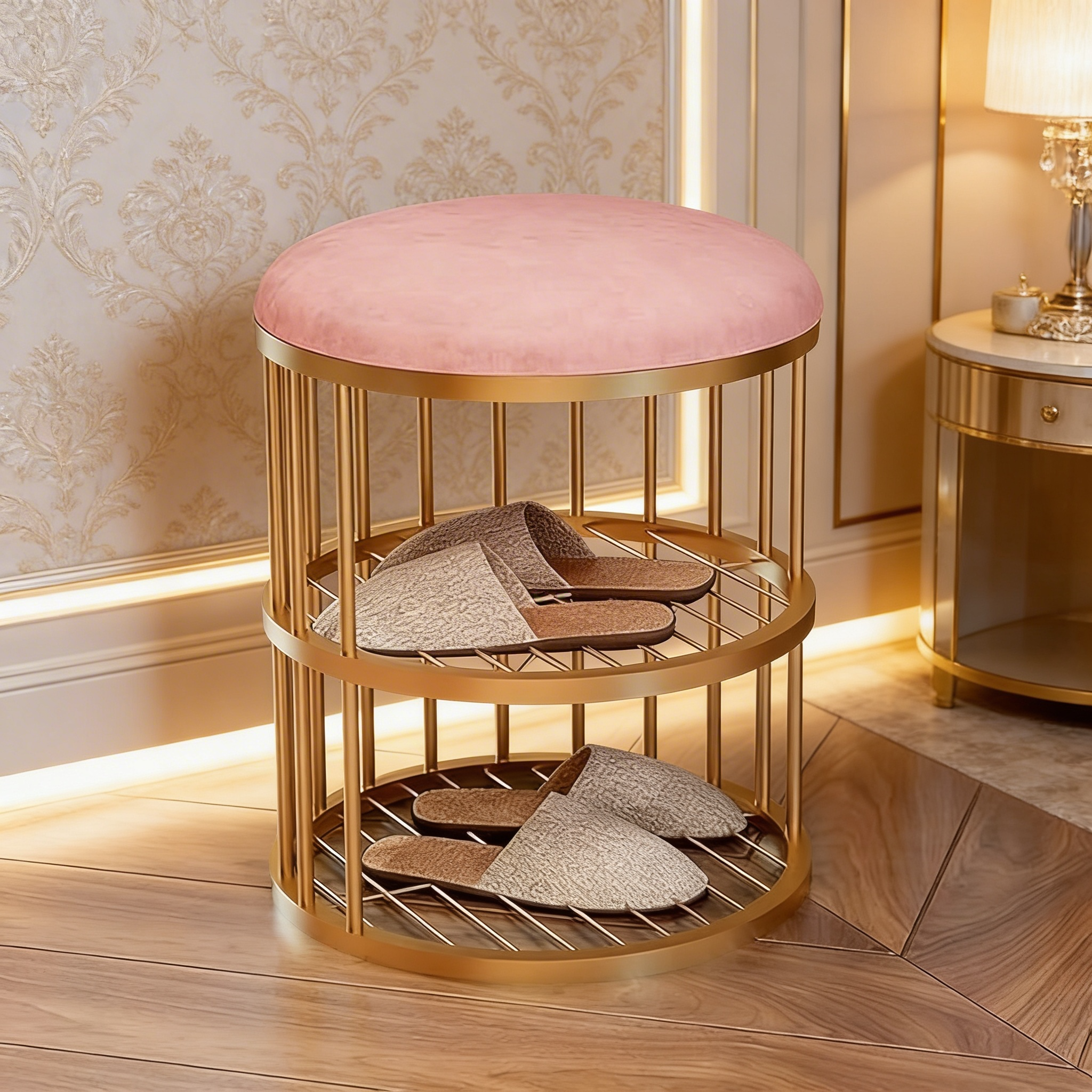 Metal Frame Shoe Bench Rack with Pink Padded Seat