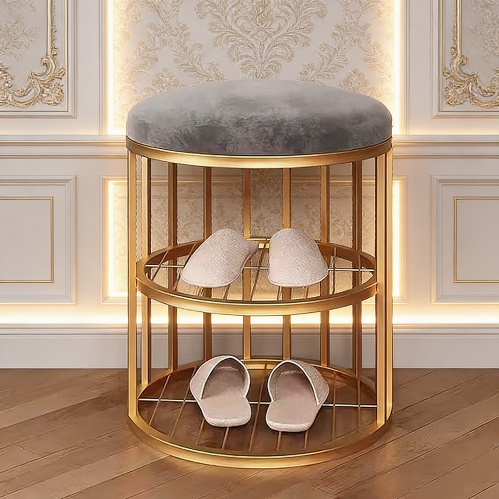 Metal Frame Shoe Bench Rack with Gray Padded Seat