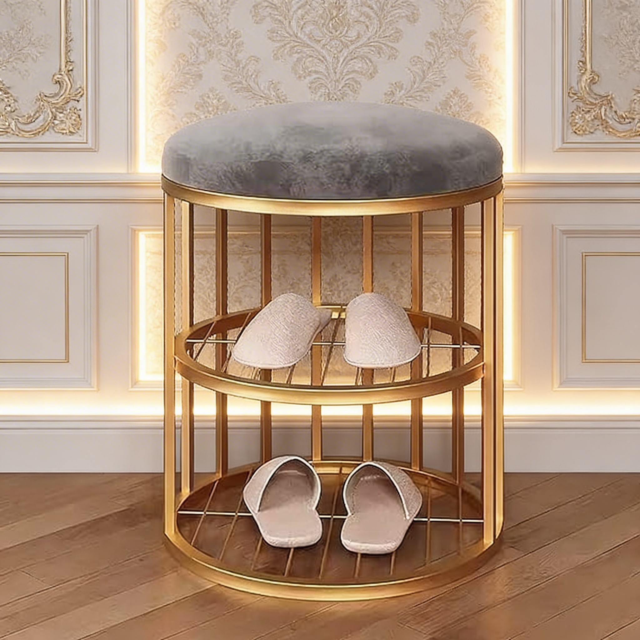 Metal Frame Shoe Bench Rack with Gray Padded Seat