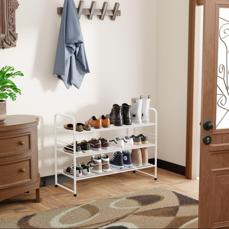 Modern Shoe Rack Organizer with Top Storage Shelf, Metal Shoe Stand for Entryway or Closet