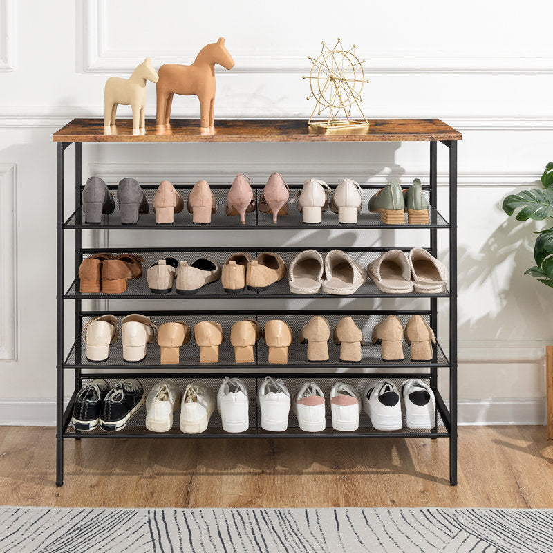 Modern 5-Layer Shoe Storage Rack with Wood Top Durable Metal Shoe Organizer