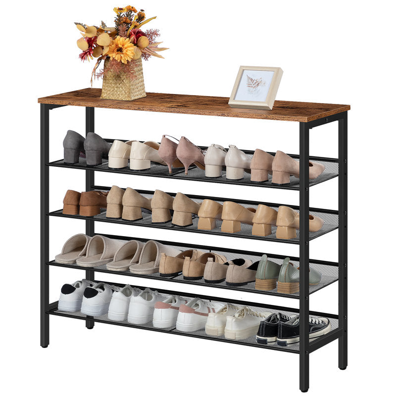 Modern 5-Layer Shoe Storage Rack with Wood Top Durable Metal Shoe Organizer