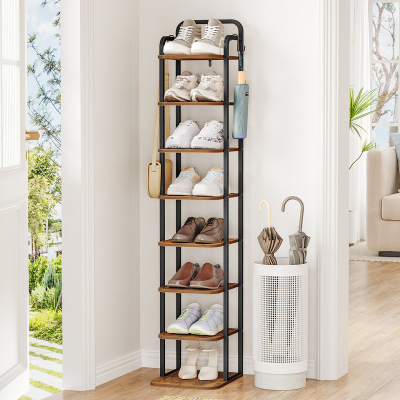 Narrow 8-Tier Shoe Rack with Wooden Shelves, Space-Saving Shoe Organizer for Entryway