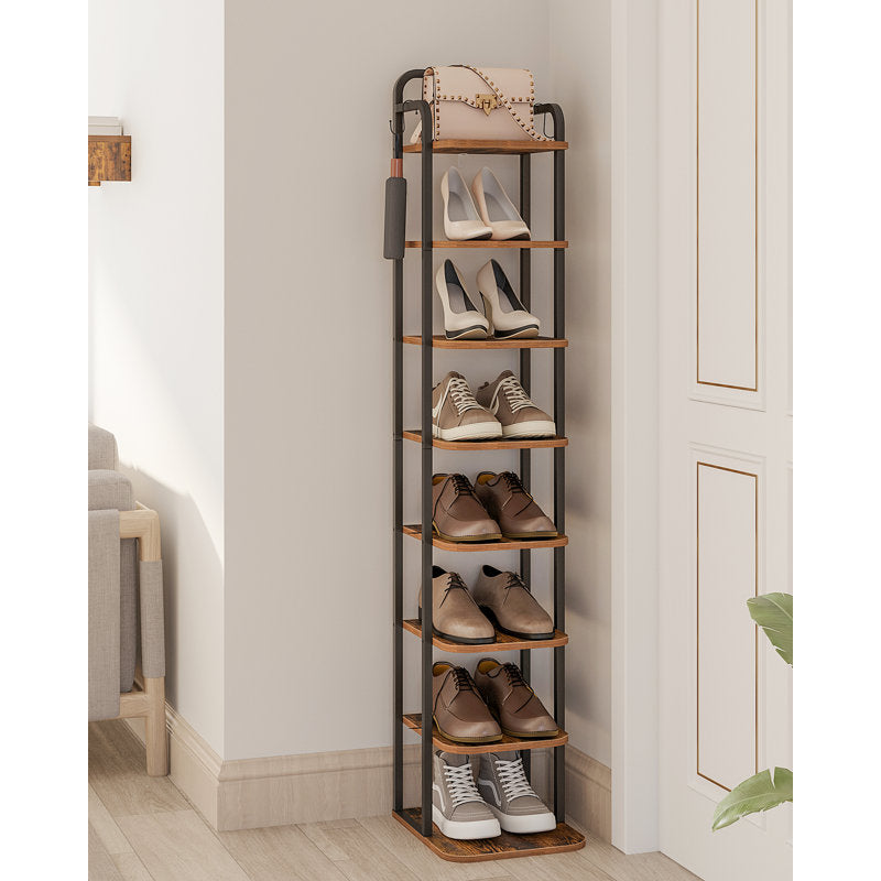 Narrow 8-Tier Shoe Rack with Wooden Shelves, Space-Saving Shoe Organizer for Entryway