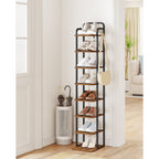 Narrow 8-Tier Shoe Rack with Wooden Shelves, Space-Saving Shoe Organizer for Entryway
