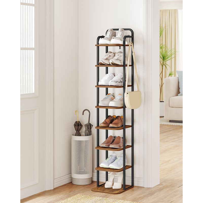 Narrow 8-Tier Shoe Rack with Wooden Shelves, Space-Saving Shoe Organizer for Entryway
