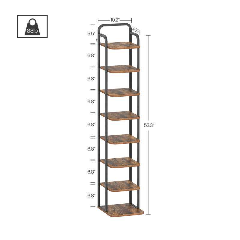 Narrow 8-Tier Shoe Rack with Wooden Shelves, Space-Saving Shoe Organizer for Entryway