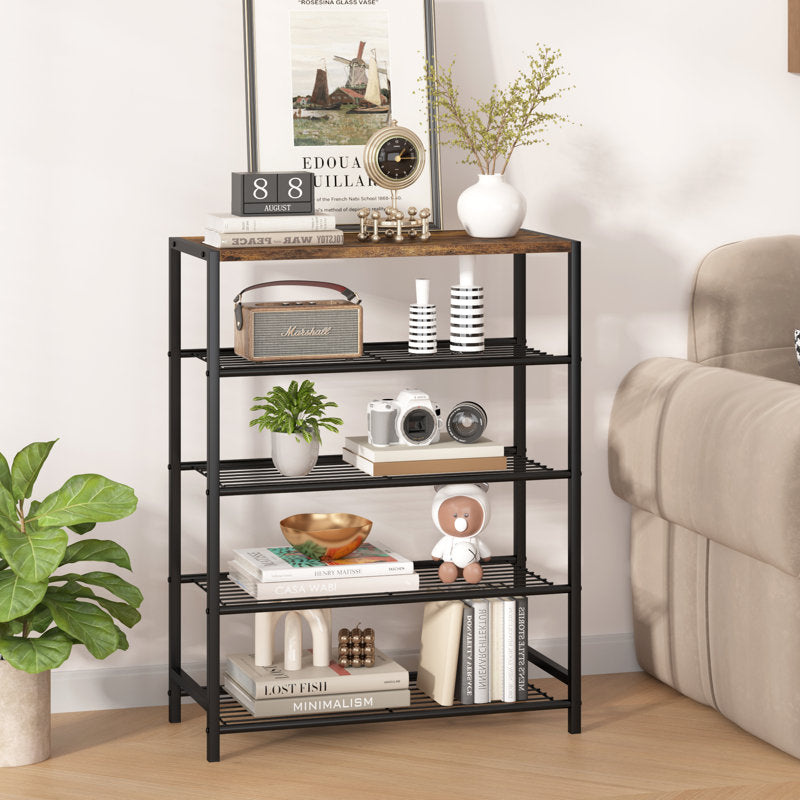 Modern 4-Tier Shoe Storage Rack with Wood Top, Space-Saving Shoe Organizer