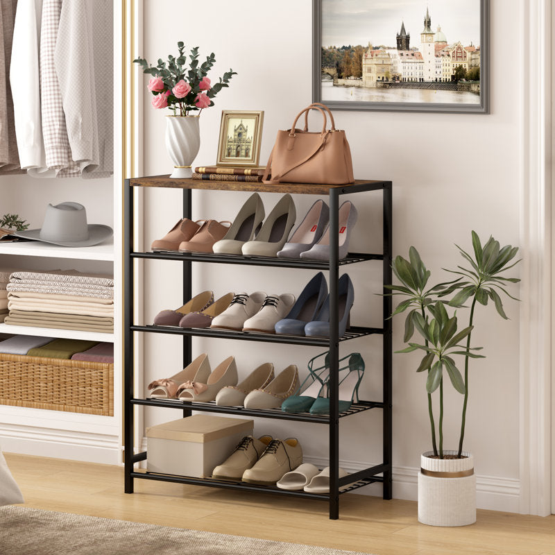 Modern 4-Tier Shoe Storage Rack with Wood Top, Space-Saving Shoe Organizer