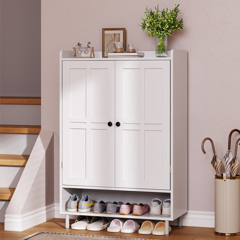White Shoe Storage Cabinet with Doors and Bottom Shelf, Entryway Shoe Organizer