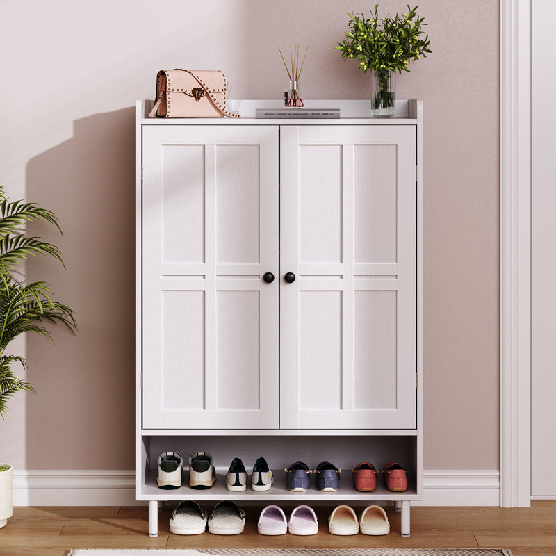 White Shoe Storage Cabinet with Doors and Bottom Shelf, Entryway Shoe Organizer