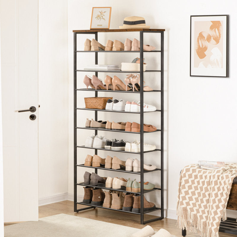 Tall Multi-Tier Shoe Rack with Rustic Wood Top, Metal Shoe Storage Shelf for Home