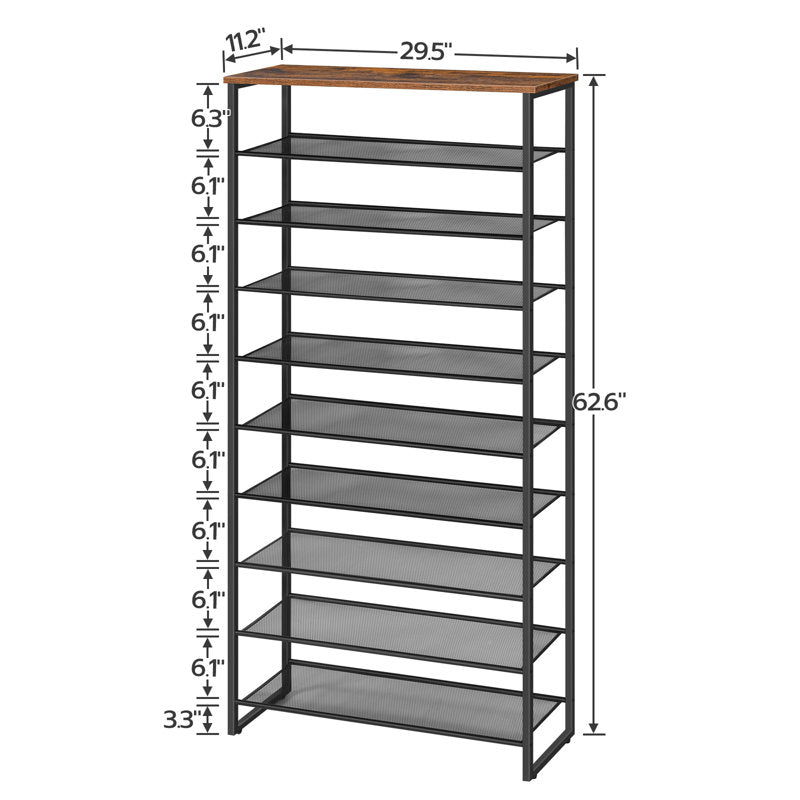 Tall Multi-Tier Shoe Rack with Rustic Wood Top, Metal Shoe Storage Shelf for Home