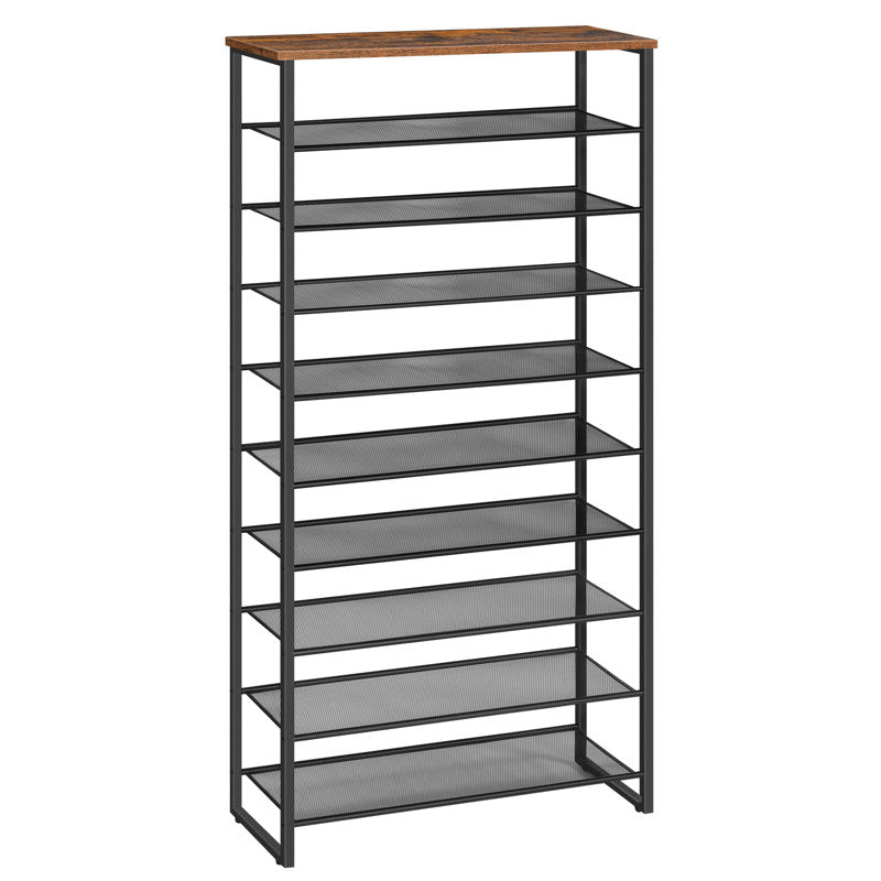 Tall Multi-Tier Shoe Rack with Rustic Wood Top, Metal Shoe Storage Shelf for Home
