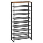 Tall Multi-Tier Shoe Rack with Rustic Wood Top, Metal Shoe Storage Shelf for Home