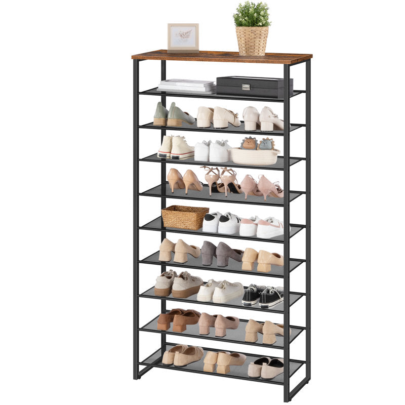 Tall Multi-Tier Shoe Rack with Rustic Wood Top, Metal Shoe Storage Shelf for Home