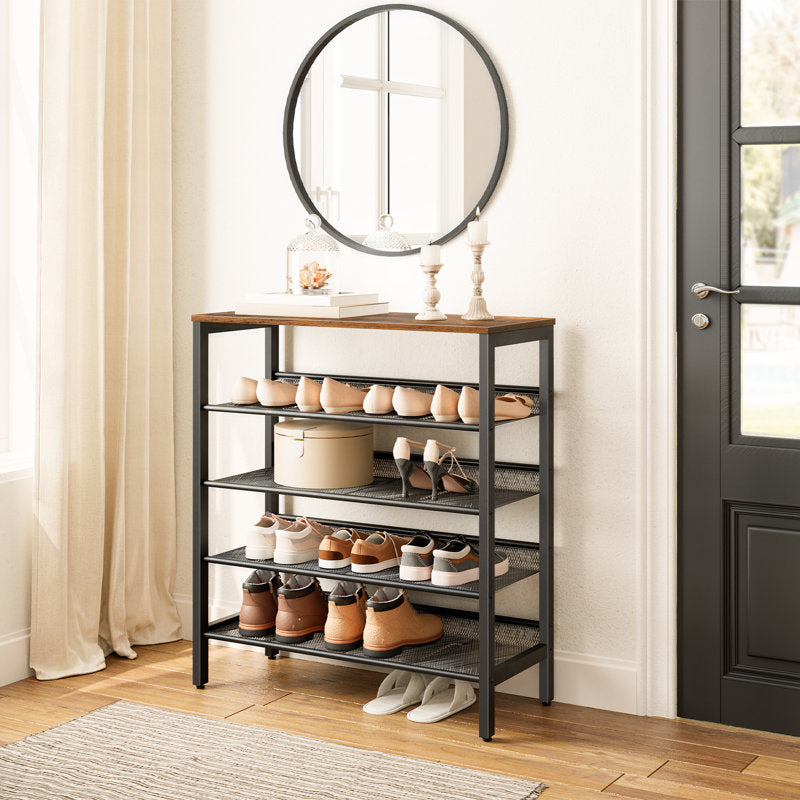 Modern 5-Layer Shoe Storage Rack with Wood Top, Durable Metal Shoe Organizer