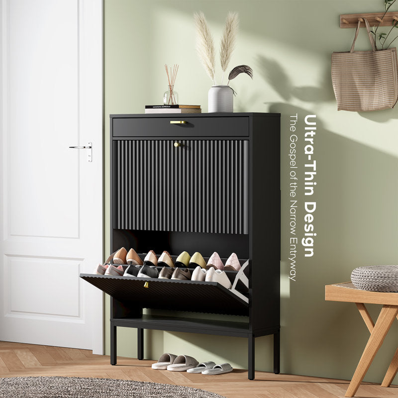 Modern Black Shoe Storage Cabinet with Doors, Stylish Entryway Shoe Organizer