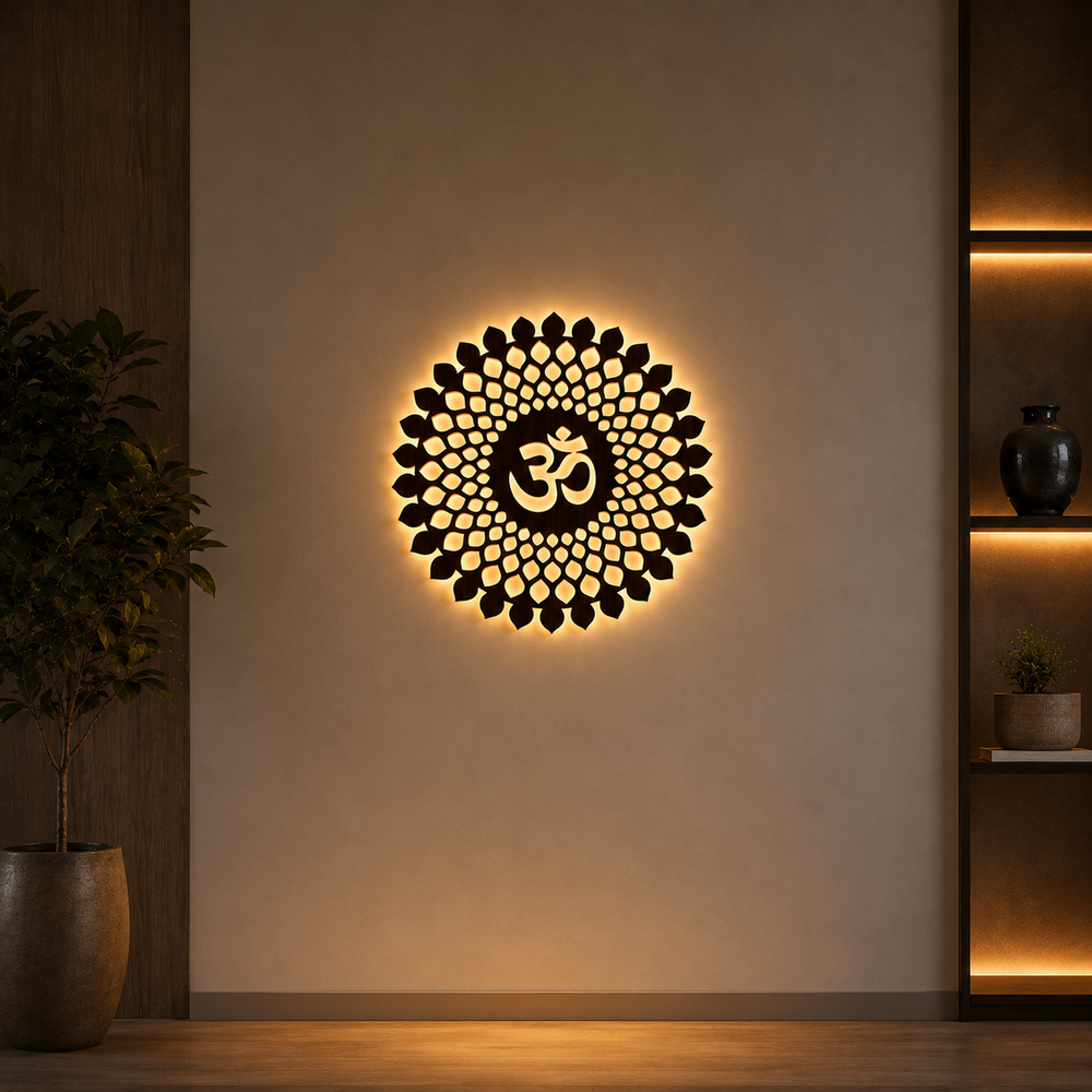 Beautiful OM Mandala Backlit with LED Wooden Wall Hanging