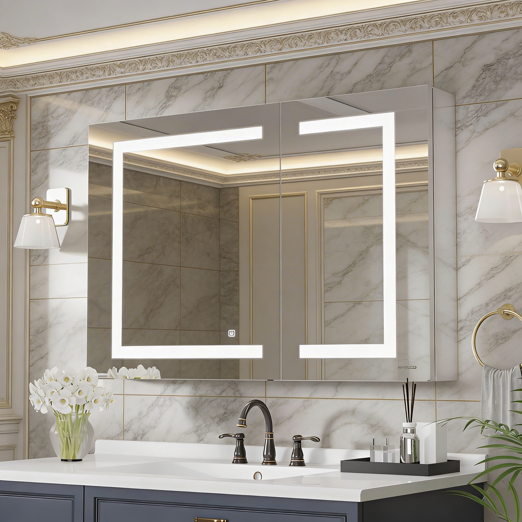 Geometric LED Light Mirror Cabinet with Soft Close Door