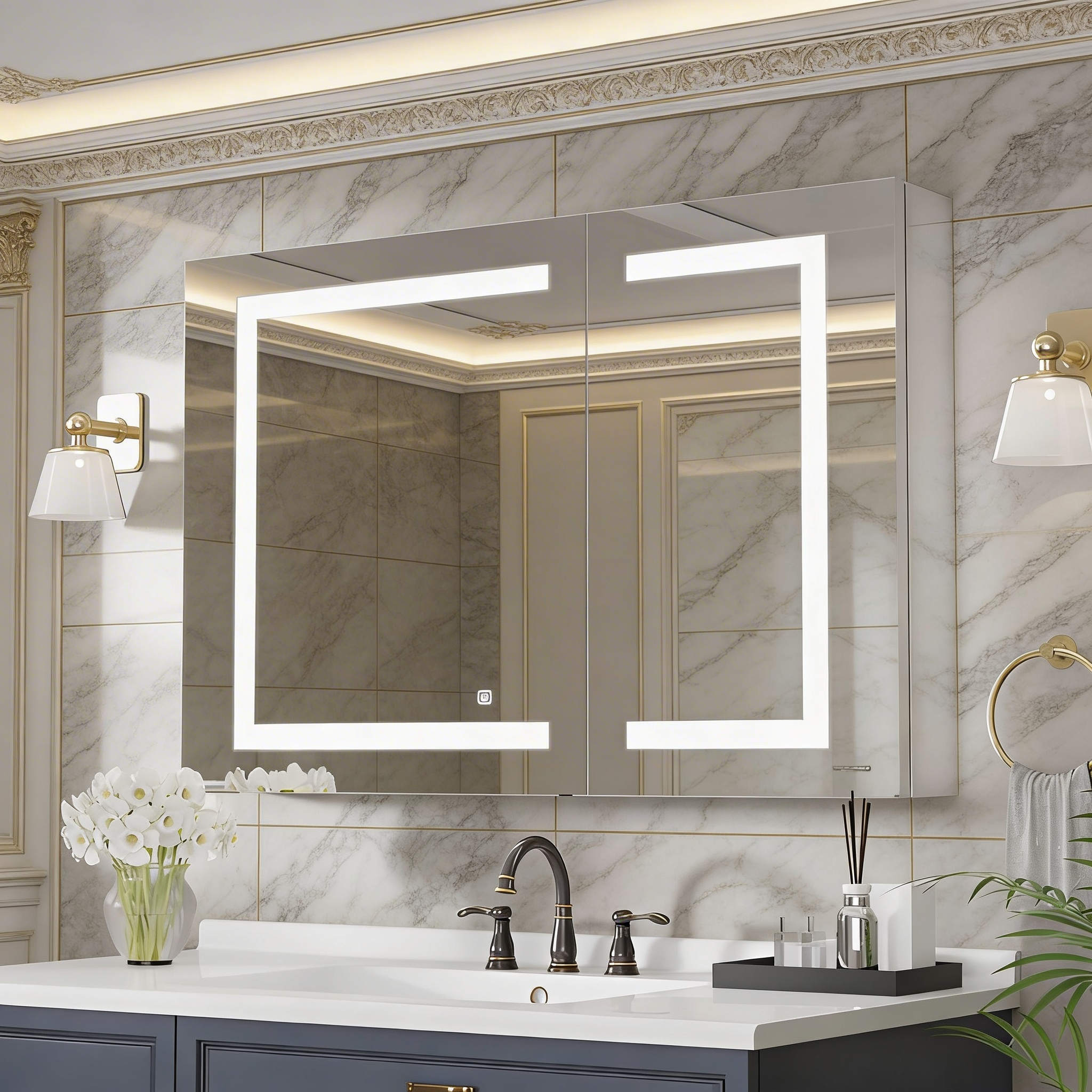 Geometric LED Light Mirror Cabinet with Soft Close Door