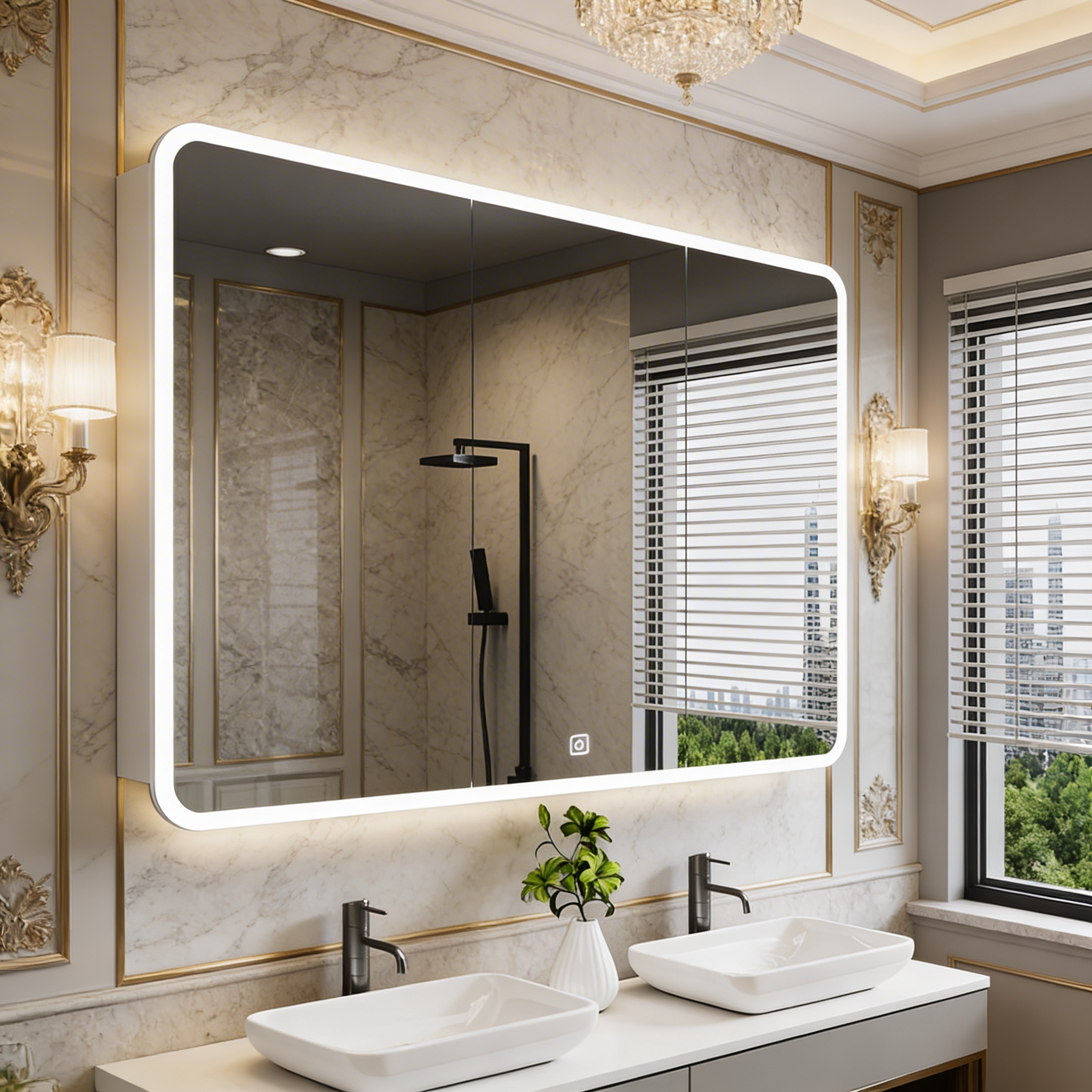 Contemporary Wide Bathroom Cabinet Mirror with Ambient LED Lighting