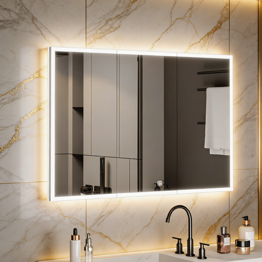Wall Mounted Bathroom Cabinet Mirror with Sleek LED Border