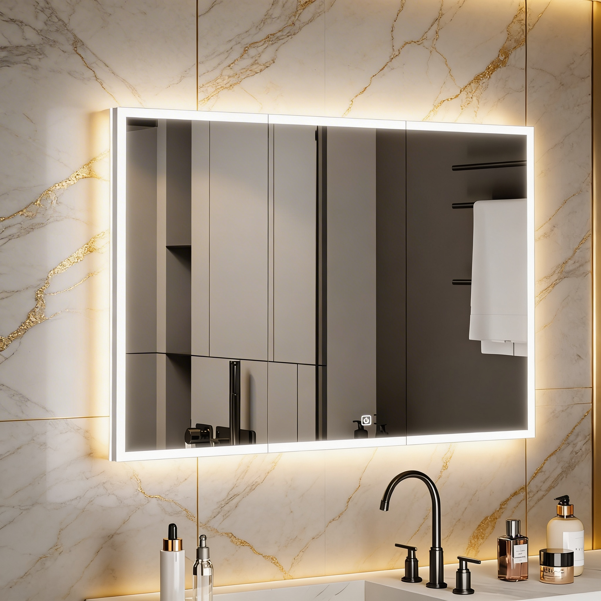 Wall Mounted Bathroom Cabinet Mirror with Sleek LED Border