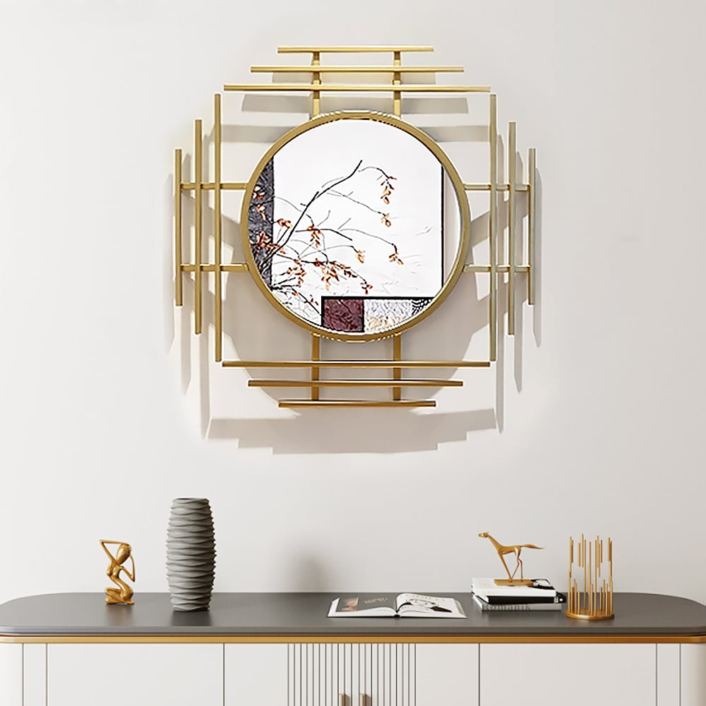 Geometric Sunburst Round Bathroom Mirror with Gold Finish