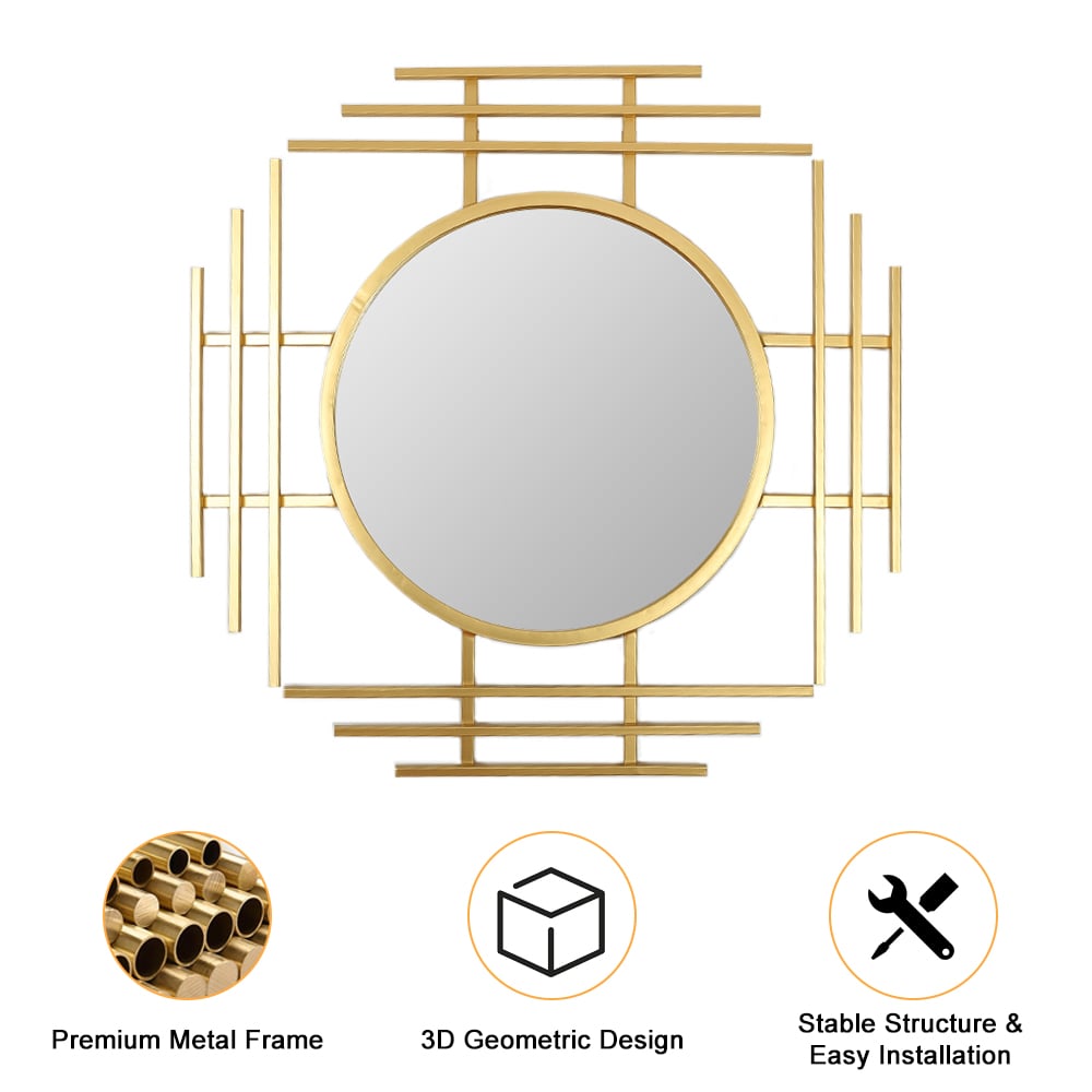 Geometric Sunburst Round Bathroom Mirror with Gold Finish